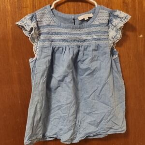 LOFT Blue Textured Top with White Stitching